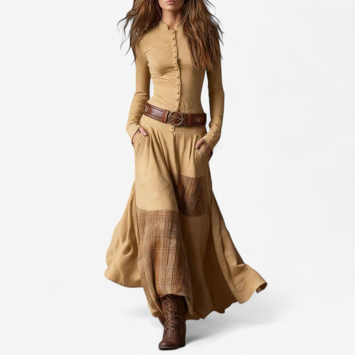 Women's Patchwork Plaid Maxi Long Sleeve Dress Button-Front - Apricot