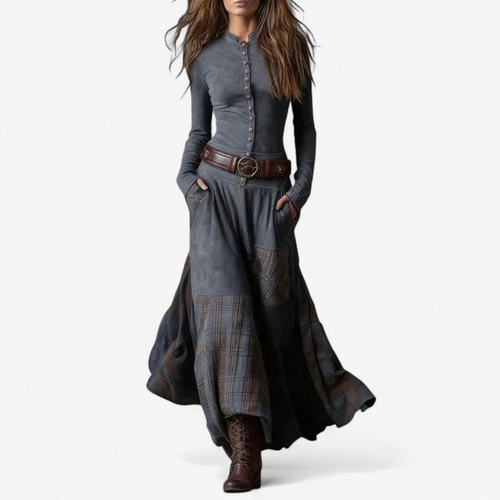 Women's Patchwork Plaid Maxi Long Sleeve Dress Button-Front - Grey