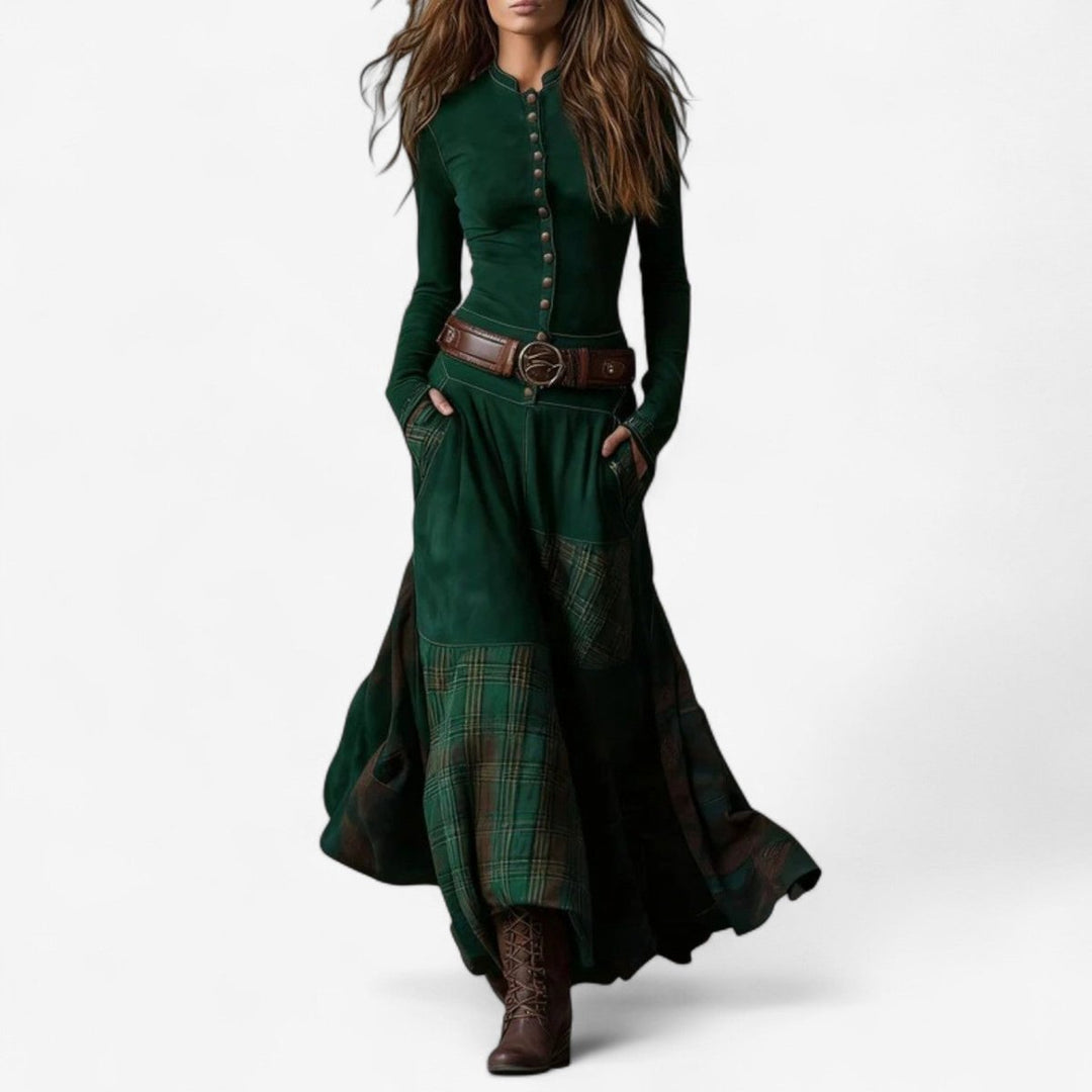Women's Patchwork Plaid Maxi Long Sleeve Dress Button-Front - Green
