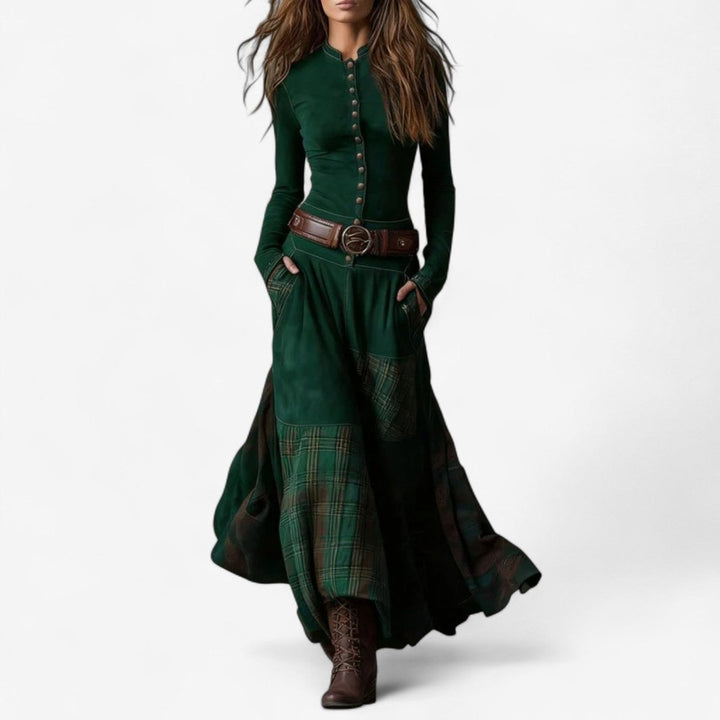 Women's Patchwork Plaid Maxi Long Sleeve Dress Button-Front - Green