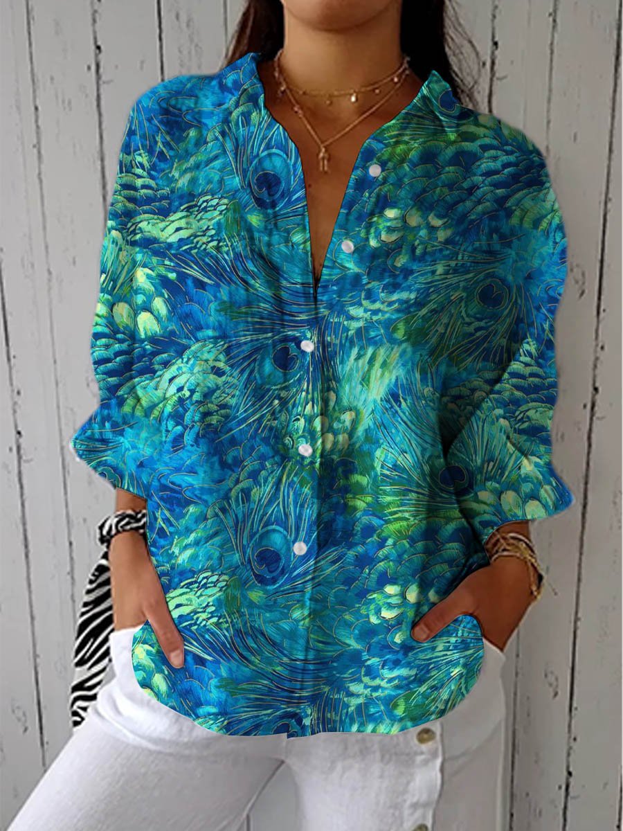 Women's Peacock Feather Print Long Sleeve Button-Front Blouse - Multicolor
