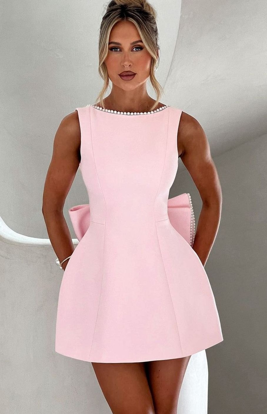Women's Pearl Trim Sleeveless A-Line Mini Dress Wedding Guest - Pink