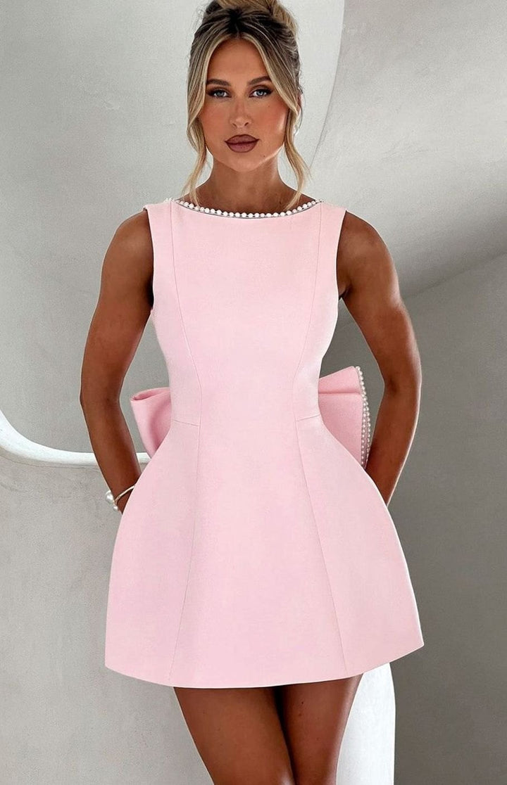 Women's Pearl Trim Sleeveless A-Line Mini Dress Wedding Guest - Pink