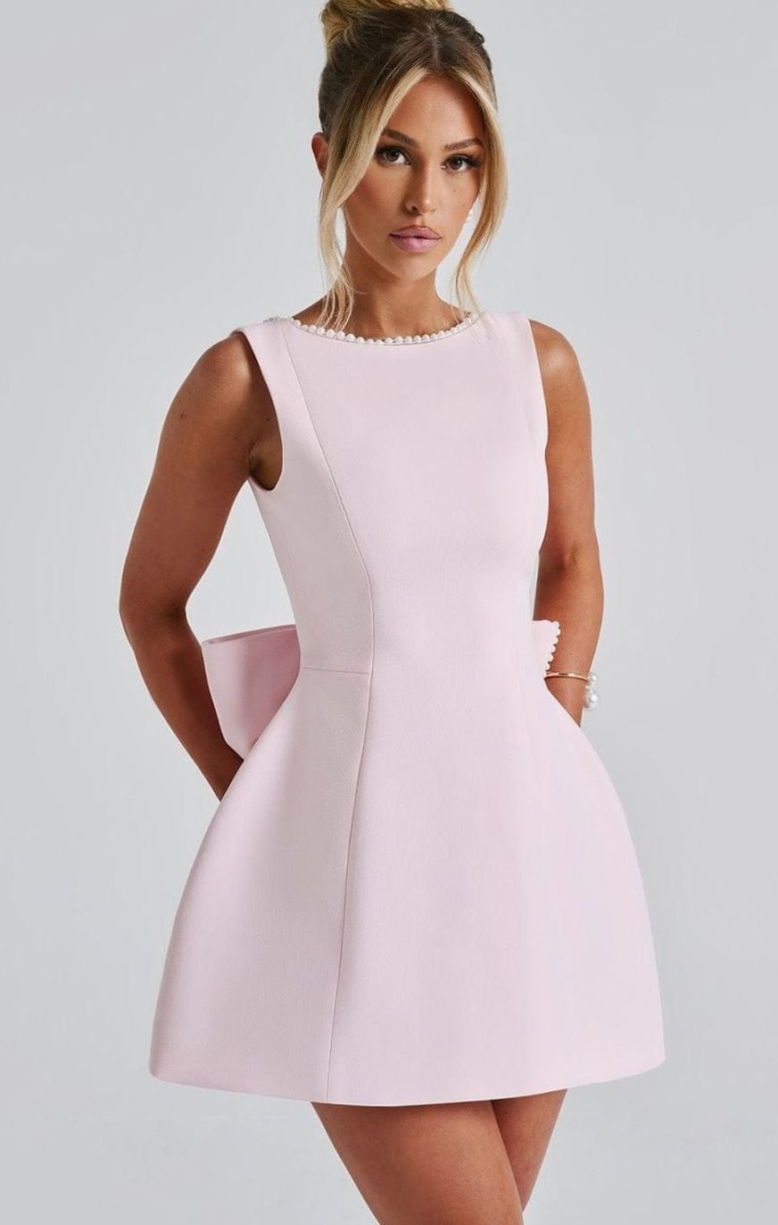 Women's Pearl Trim Sleeveless A-Line Mini Dress Wedding Guest