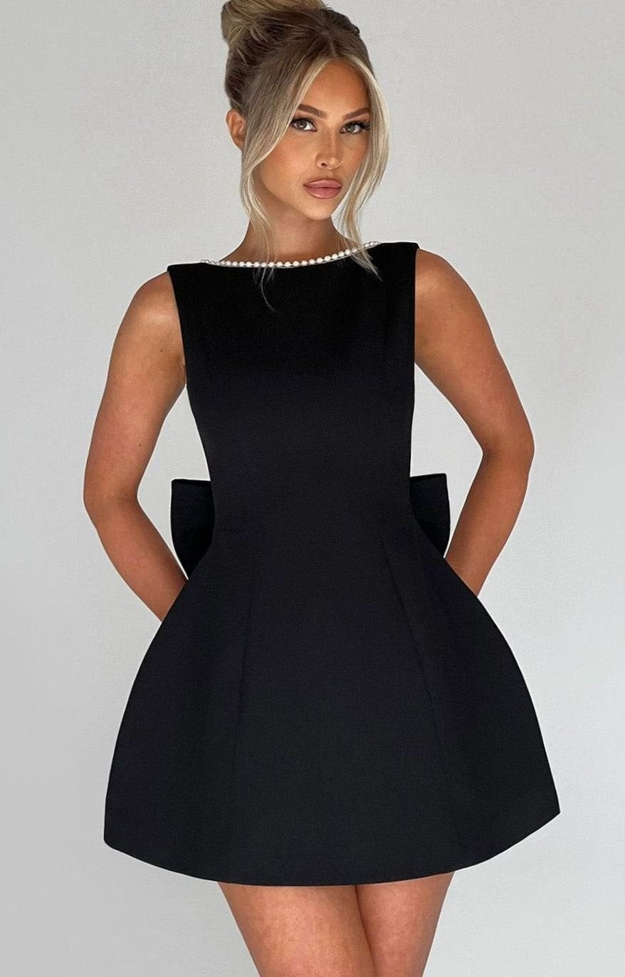 Women's Pearl Trim Sleeveless A-Line Mini Dress Wedding Guest - Black