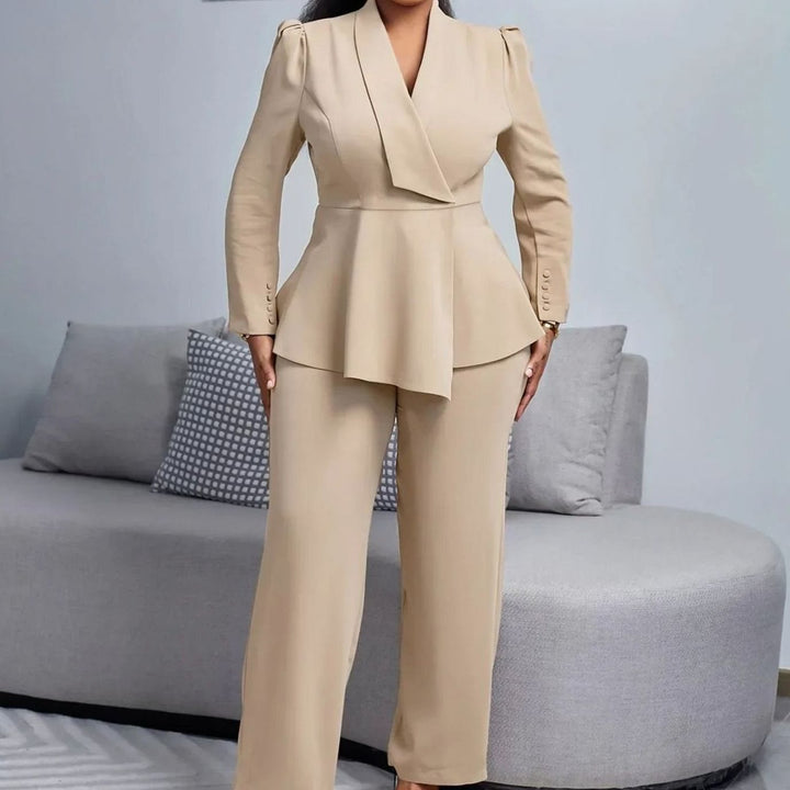 Women's Peplum Blazer Wide-Leg Trouser Formal Suit Set - Khaki