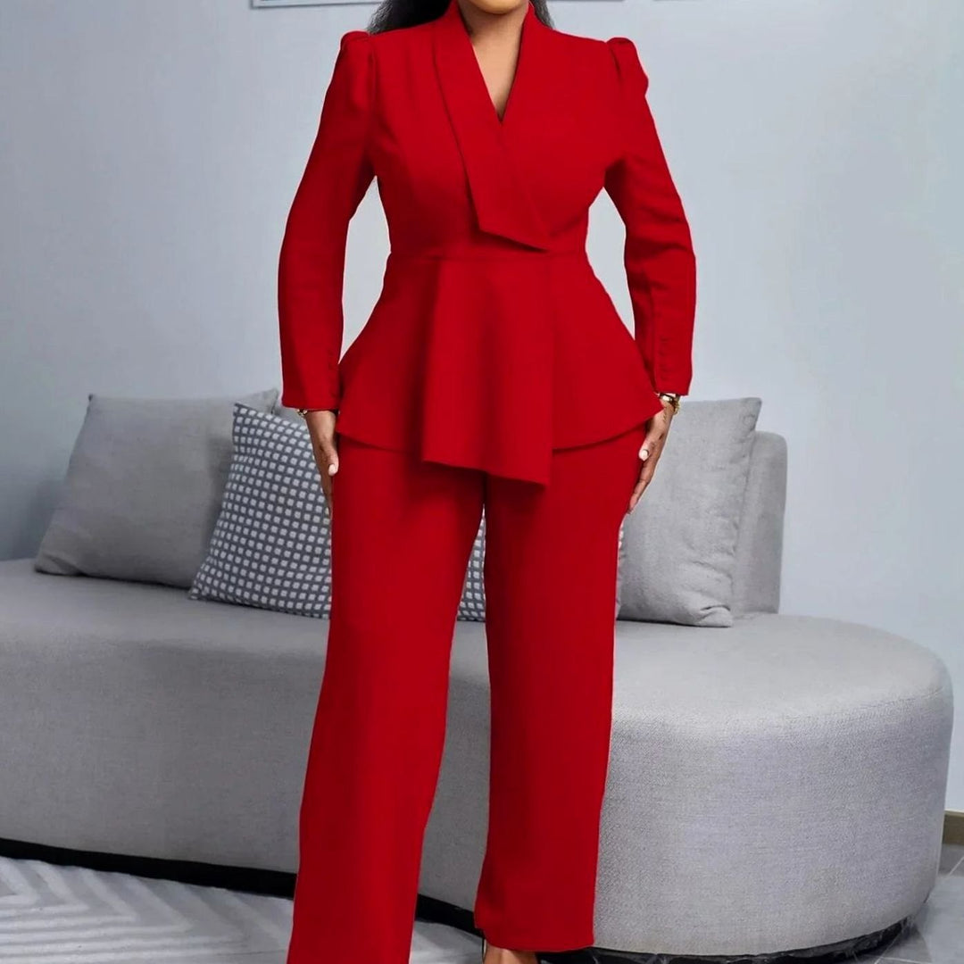 Women's Peplum Blazer Wide-Leg Trouser Formal Suit Set - Burgundy