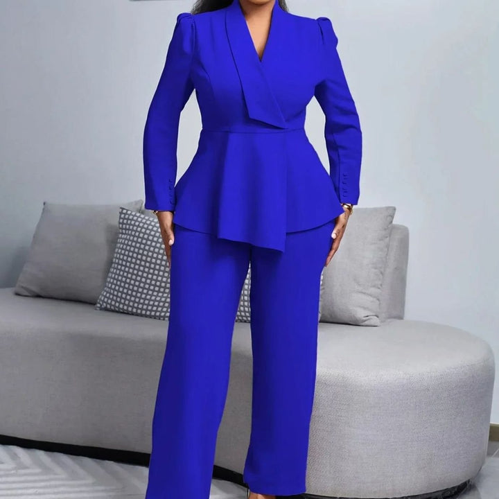 Women's Peplum Blazer Wide-Leg Trouser Formal Suit Set - Royal Blue