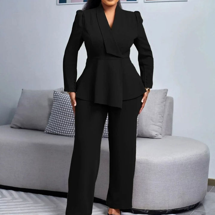 Women's Peplum Blazer Wide-Leg Trouser Formal Suit Set - Black