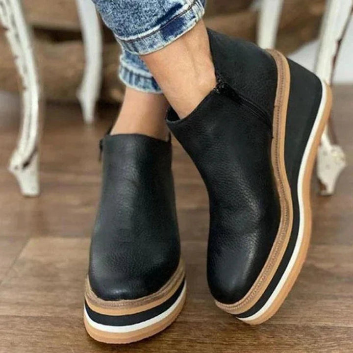 Women's Platform Wedge Zip-Up Leather Ankle Boots - Black