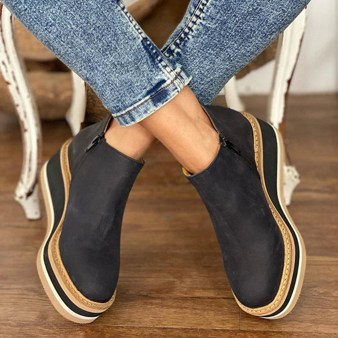 Women's Platform Wedge Zip-Up Leather Ankle Boots