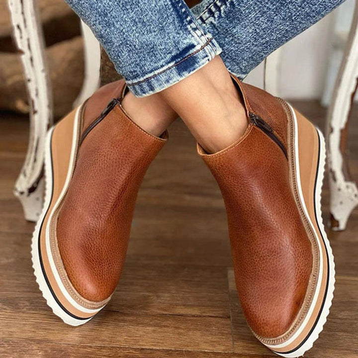 Women's Platform Wedge Zip-Up Leather Ankle Boots - Dark Brown