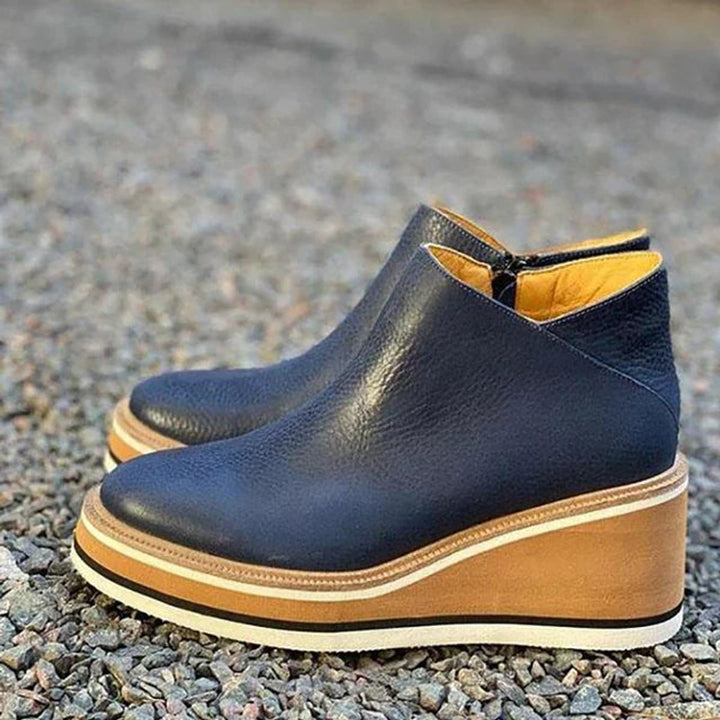 Women's Platform Wedge Zip-Up Leather Ankle Boots - Dark Blue