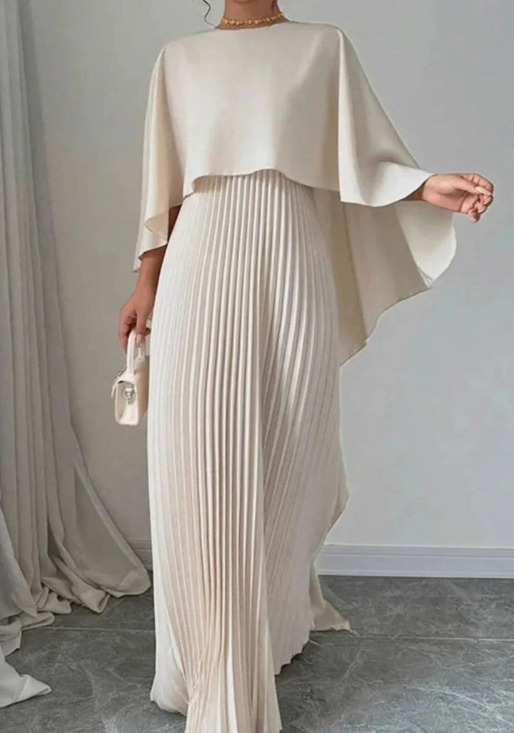Women's Pleated Cape Overlay Formal Maxi Dress - Beige