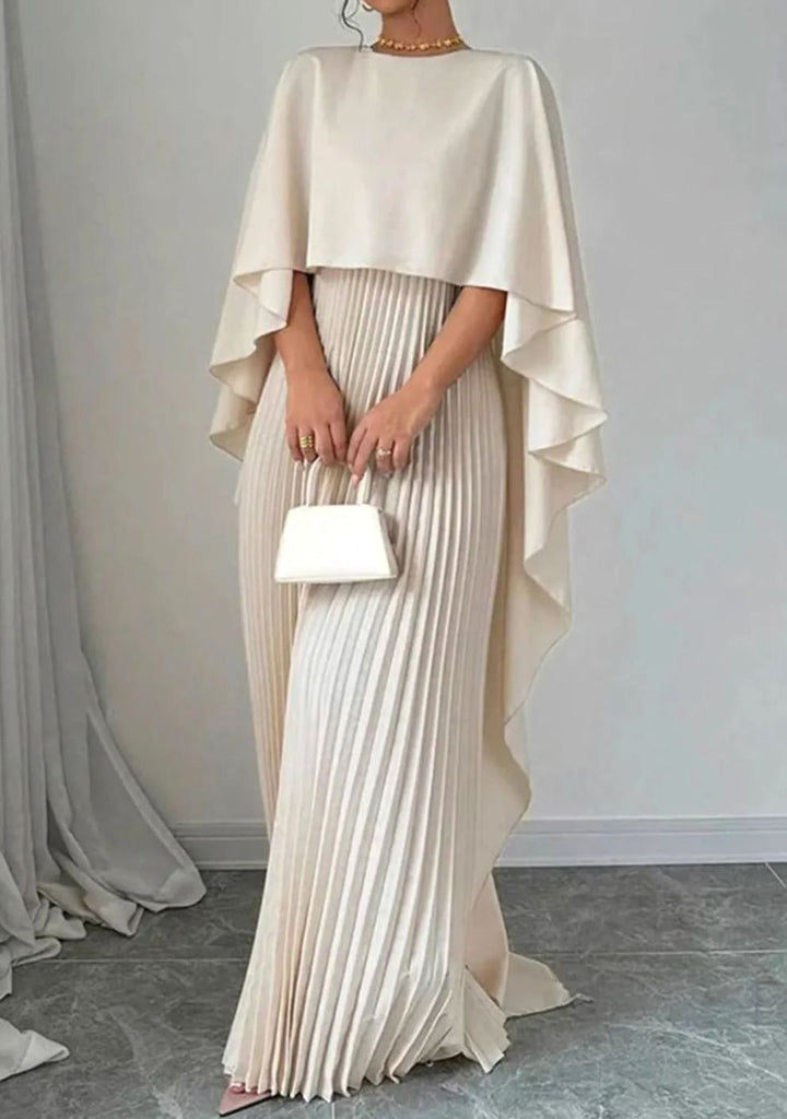 Women's Pleated Cape Overlay Formal Maxi Dress