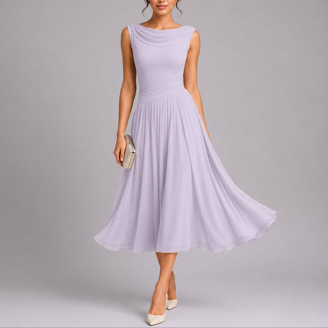 Women's Pleated Chiffon Midi Fall Wedding Guest Dress Draped Neck - Purple