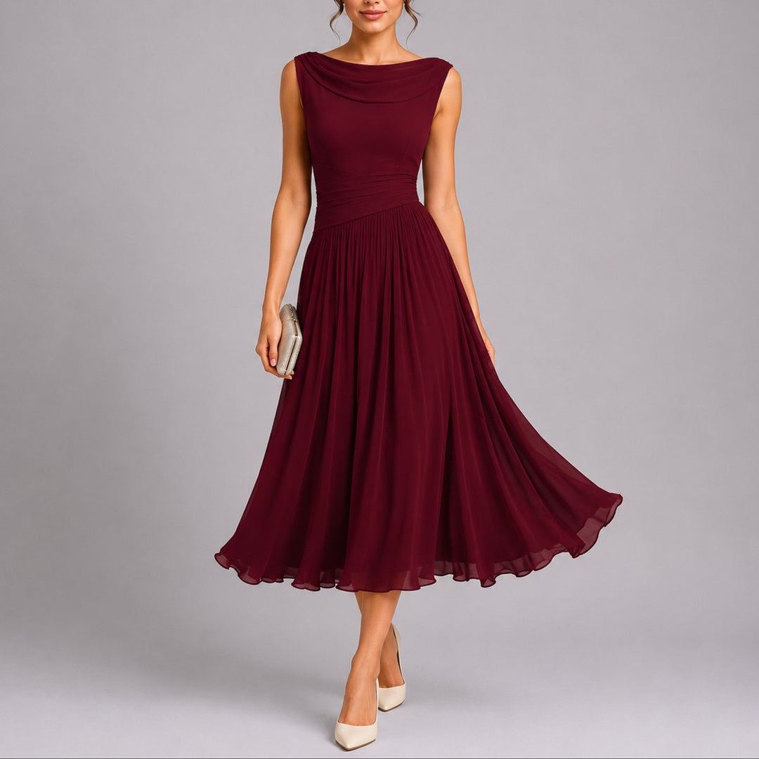 Women's Pleated Chiffon Midi Fall Wedding Guest Dress Draped Neck - Red