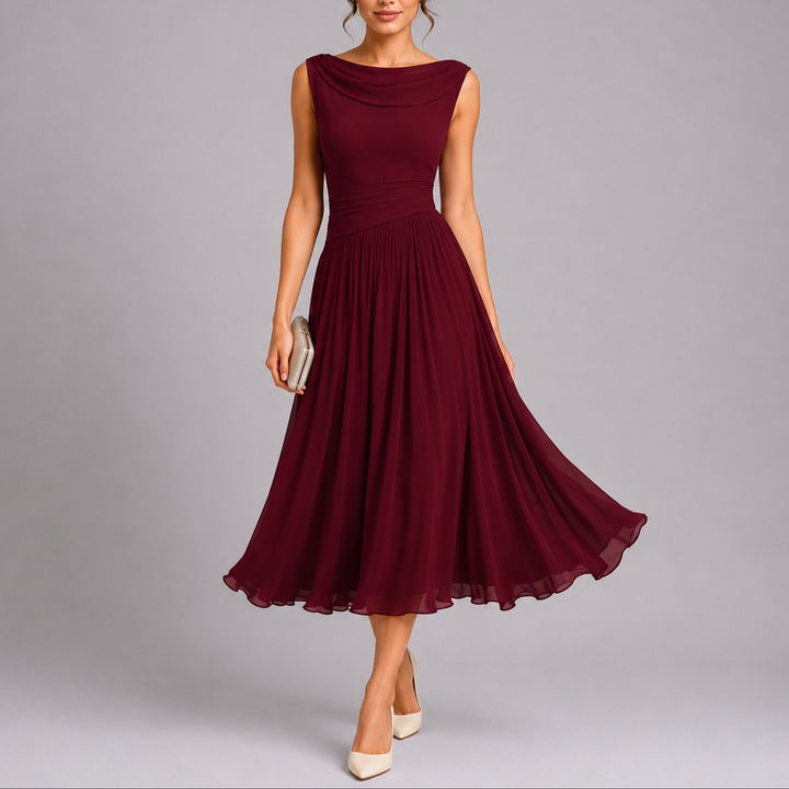Women's Pleated Chiffon Midi Fall Wedding Guest Dress Draped Neck - Red