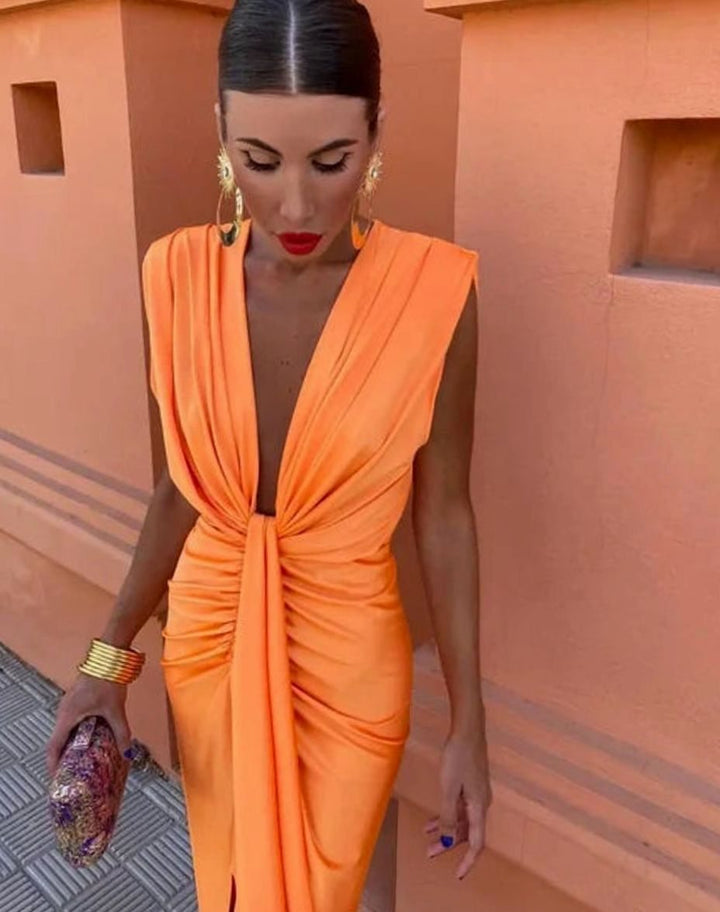 Women's Pleated Deep V-Neck Sleeveless Midi Dress