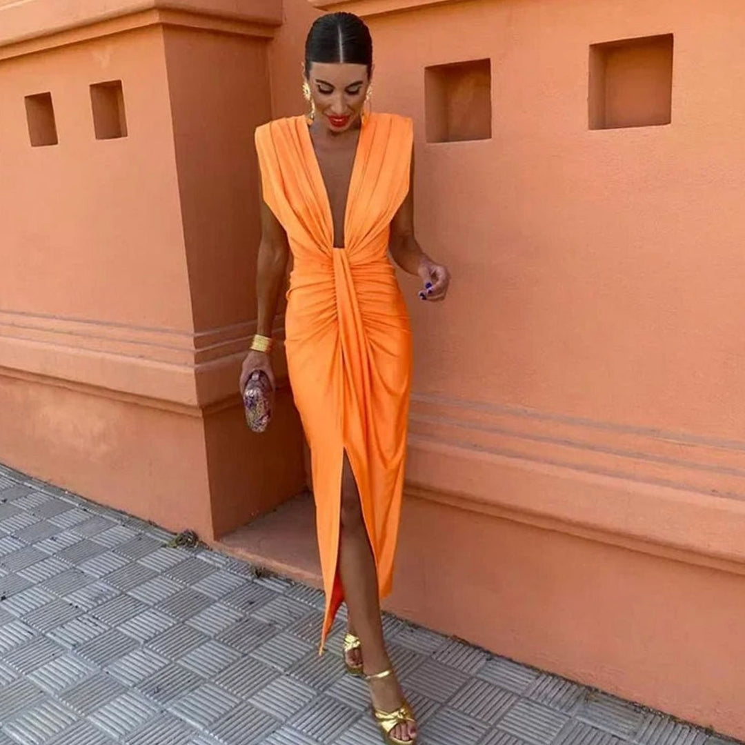 Women's Pleated Deep V-Neck Sleeveless Midi Dress - Orange