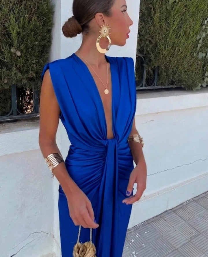 Women's Pleated Deep V-Neck Sleeveless Midi Dress