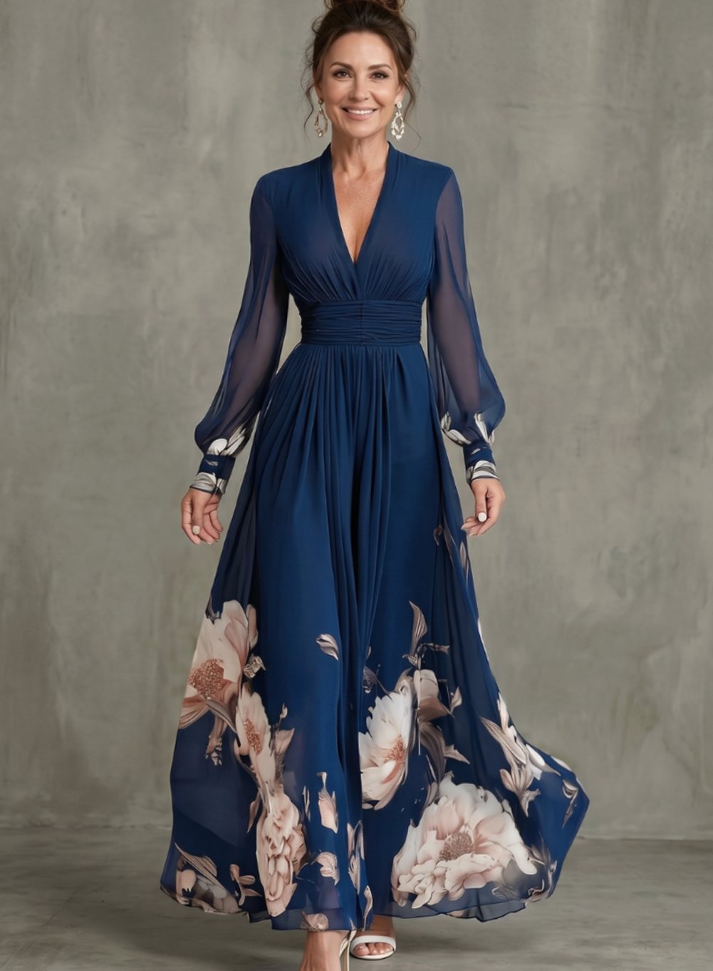 Women's Pleated Sheer Long Sleeve Maxi Dress V-Neck Floral - Navy
