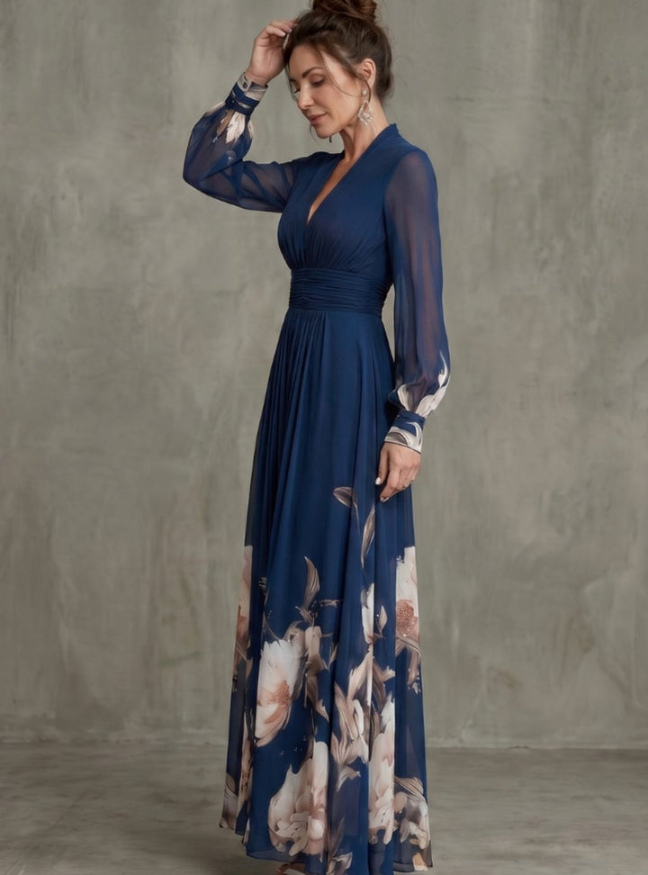 Women's Pleated Sheer Long Sleeve Maxi Dress V-Neck Floral