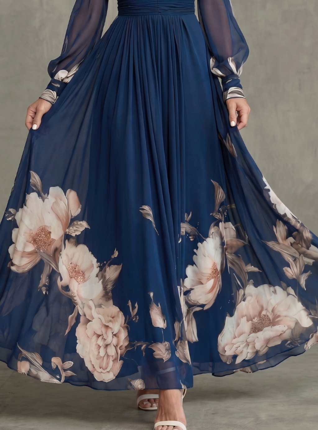 Women's Pleated Sheer Long Sleeve Maxi Dress V-Neck Floral