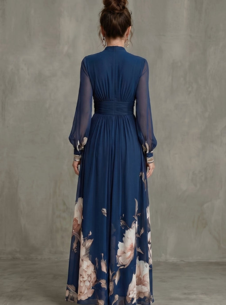 Women's Pleated Sheer Long Sleeve Maxi Dress V-Neck Floral