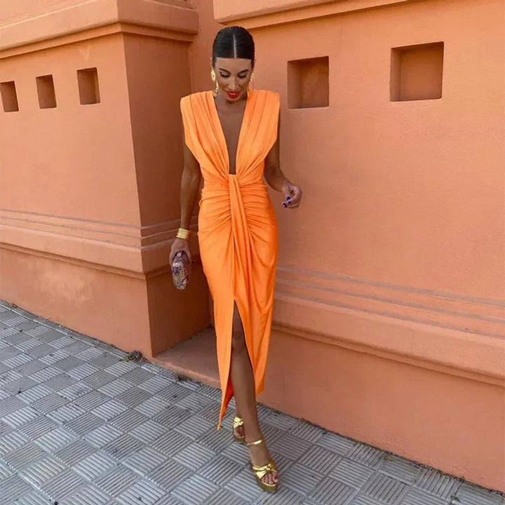 Women's Pleated Sleeveless Deep V-Neck Midi Dress - Orange