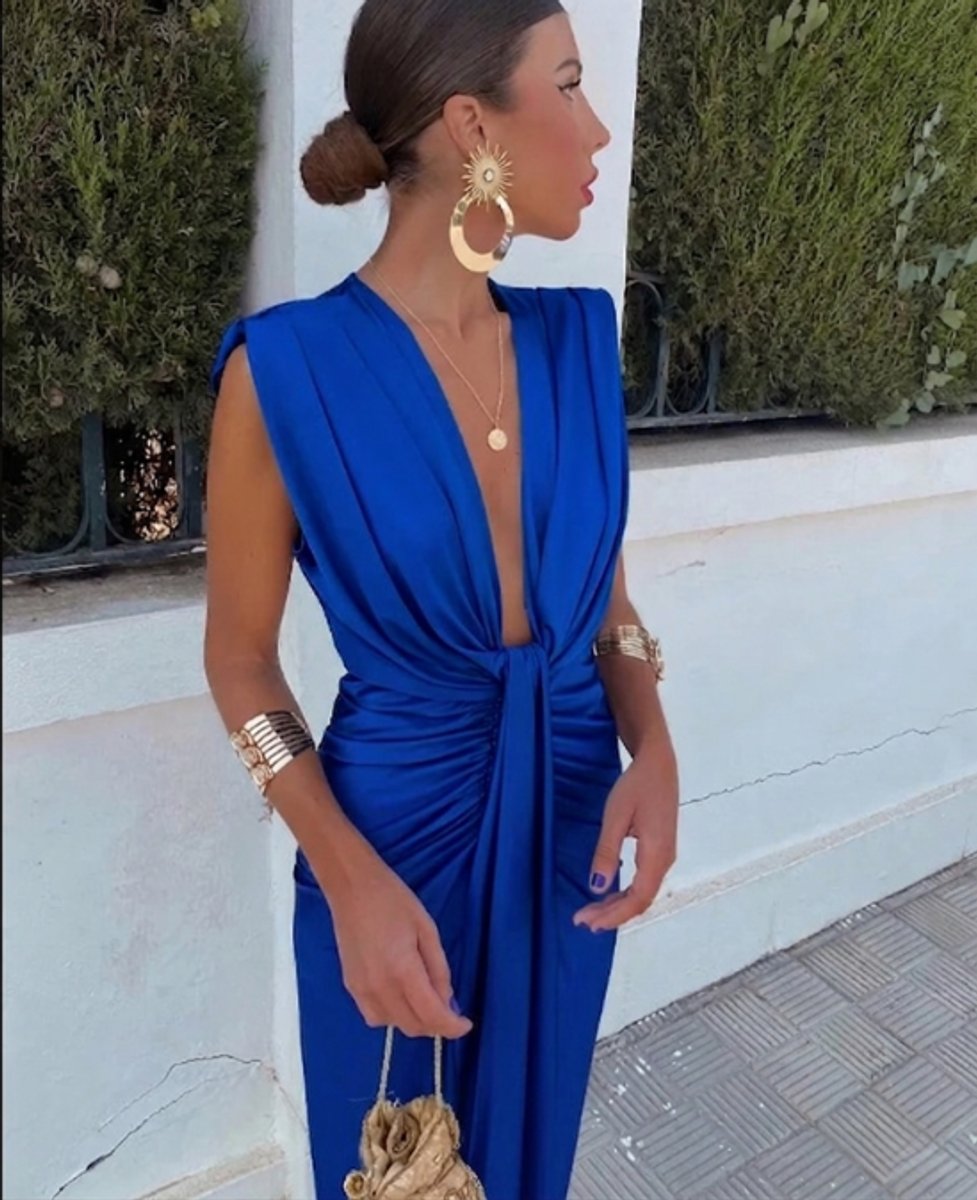 Women's Pleated Sleeveless Deep V-Neck Midi Dress