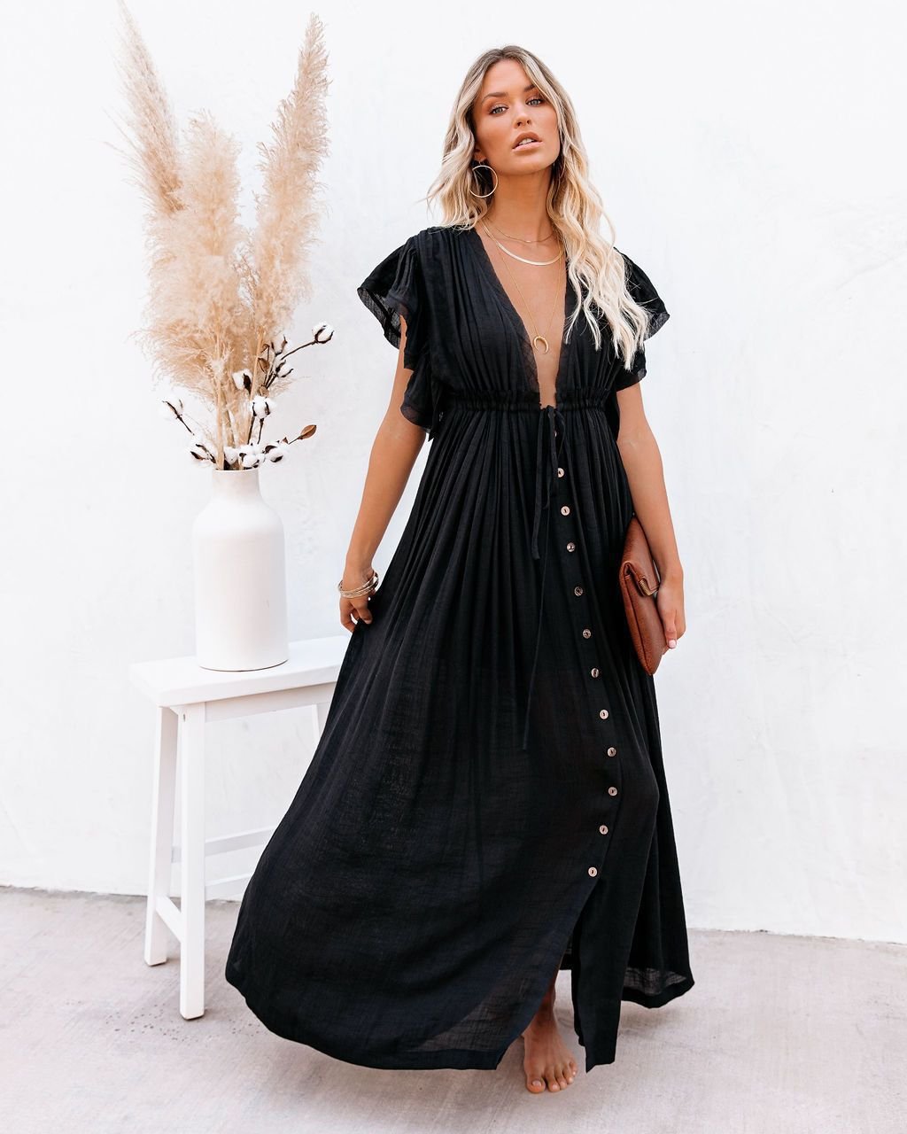 Women's Plunging V-Neck Button-Front Flutter-Sleeve Maxi Dress - Black