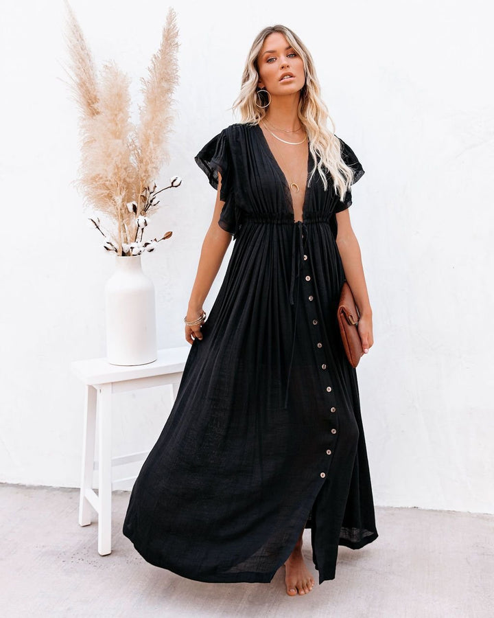 Women's Plunging V-Neck Button-Front Flutter-Sleeve Maxi Dress - Black