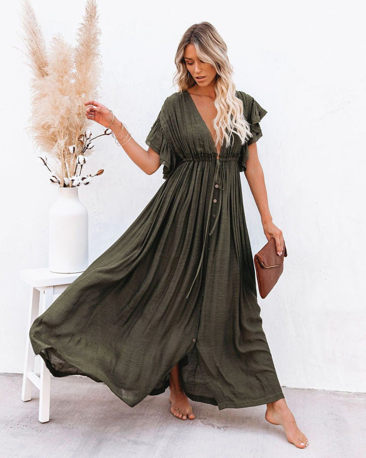 Women's Plunging V-Neck Button-Front Flutter-Sleeve Maxi Dress - Army Green