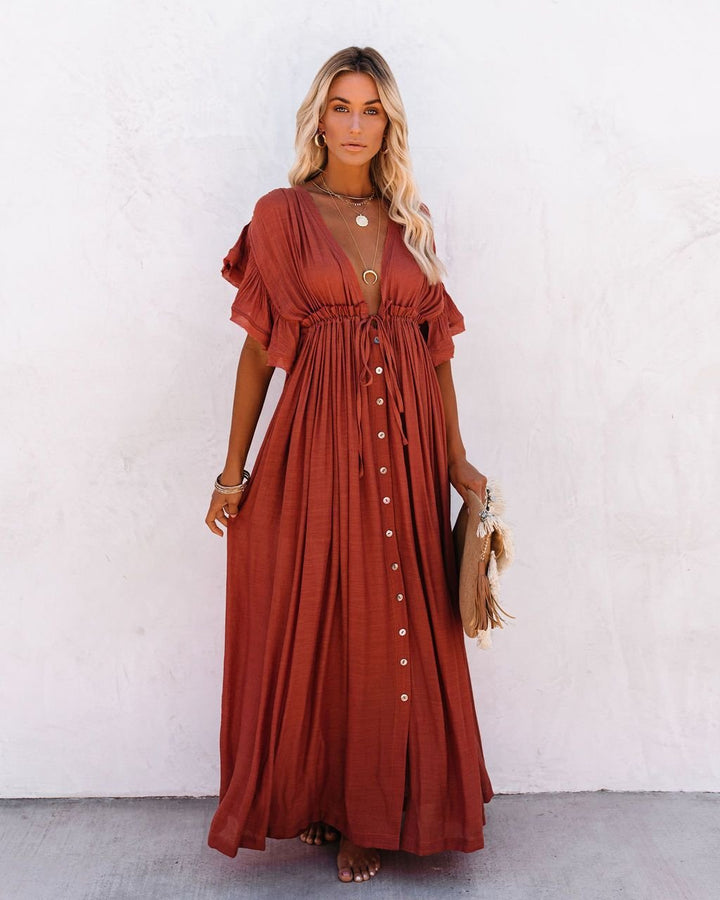 Women's Plunging V-Neck Button-Front Flutter-Sleeve Maxi Dress - Rust