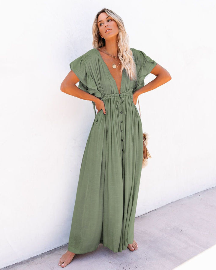 Women's Plunging V-Neck Button-Front Flutter-Sleeve Maxi Dress - Light Green