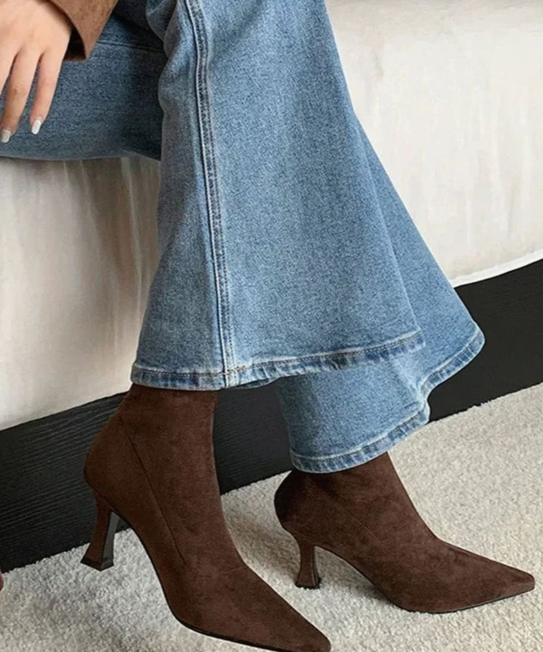 Women's Pointed Kitten Heel Sock Ankle Boots - Brown