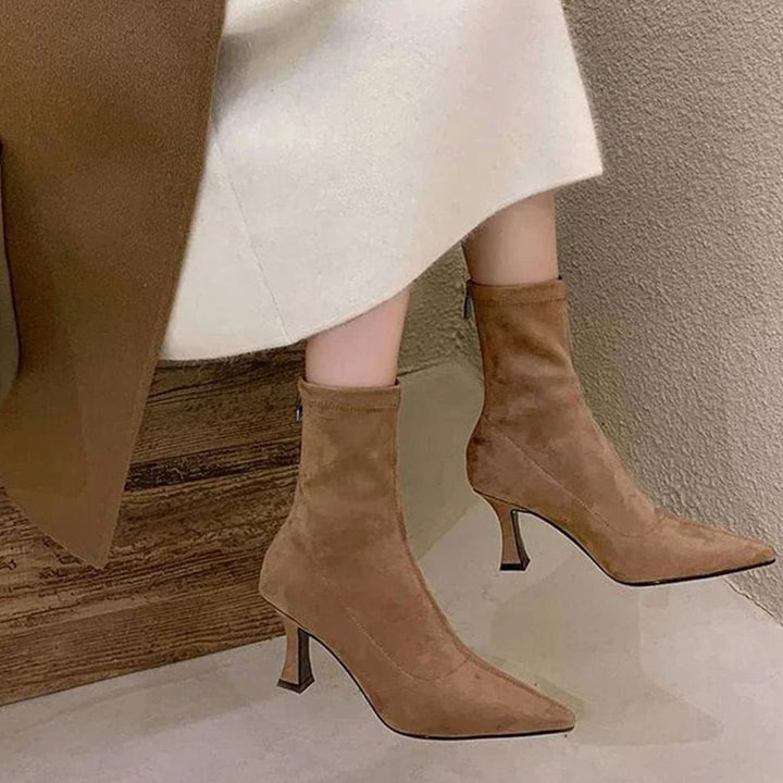 Women's Pointed Kitten Heel Sock Ankle Boots - Khaki