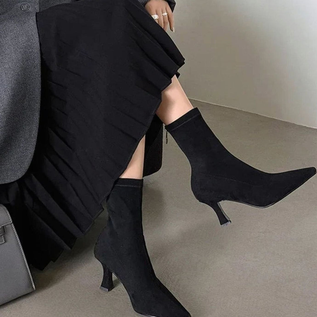 Women's Pointed Kitten Heel Sock Ankle Boots - Black