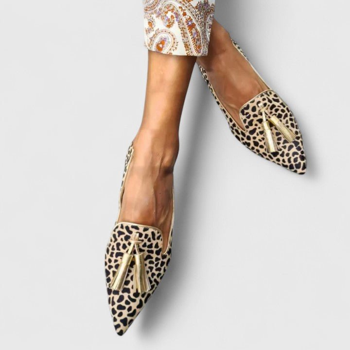 Women's Pointed-Toe Leopard Print Tassel Flat Loafers - Gold