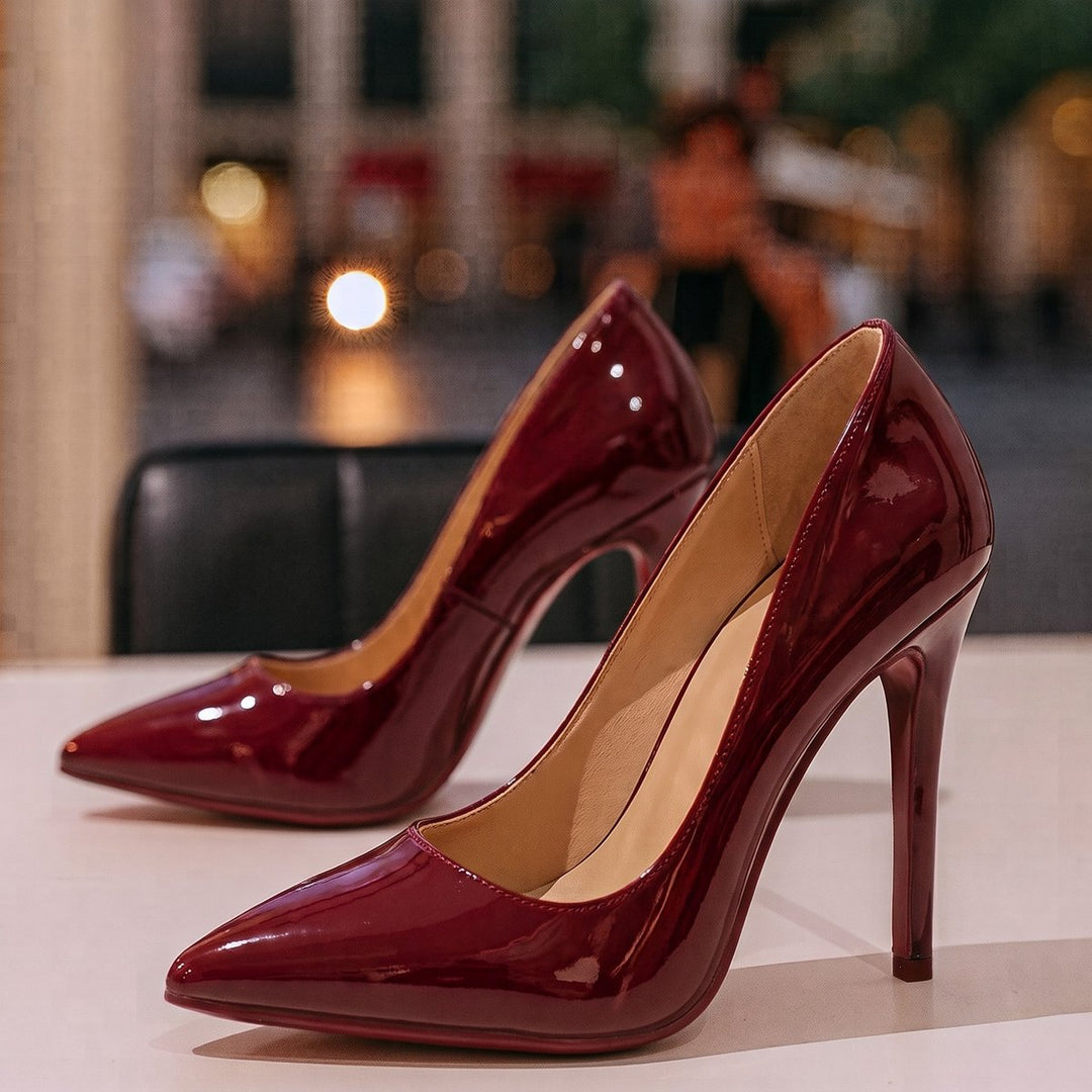 Womens Pointed-Toe Patent Stiletto Heeled Court Shoes - Dark Red
