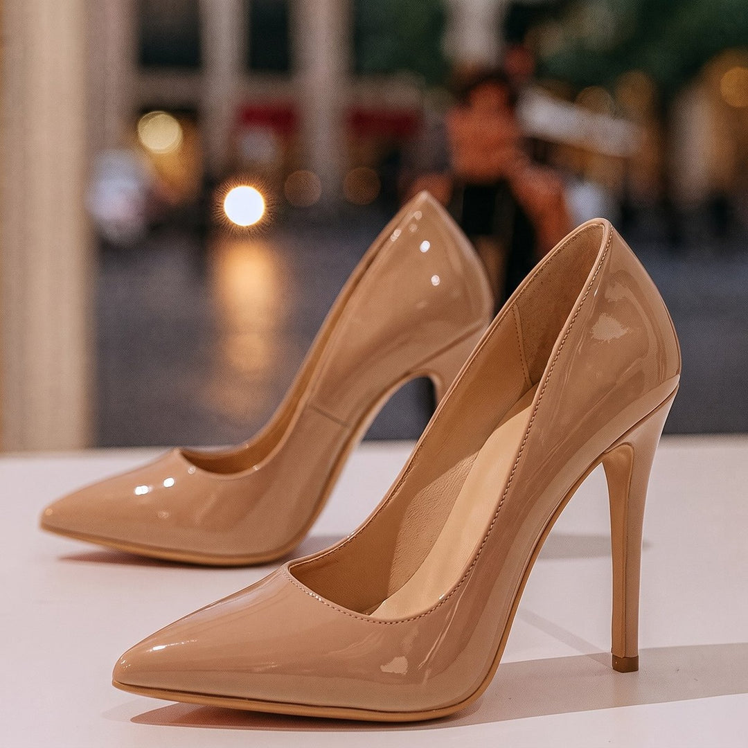Womens Pointed-Toe Patent Stiletto Heeled Court Shoes - Beige