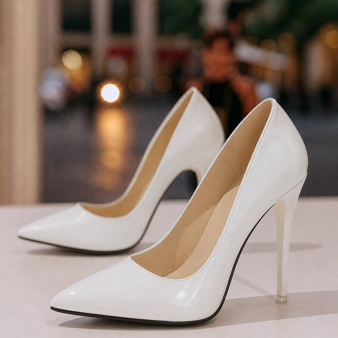 Womens Pointed-Toe Patent Stiletto Heeled Court Shoes - White