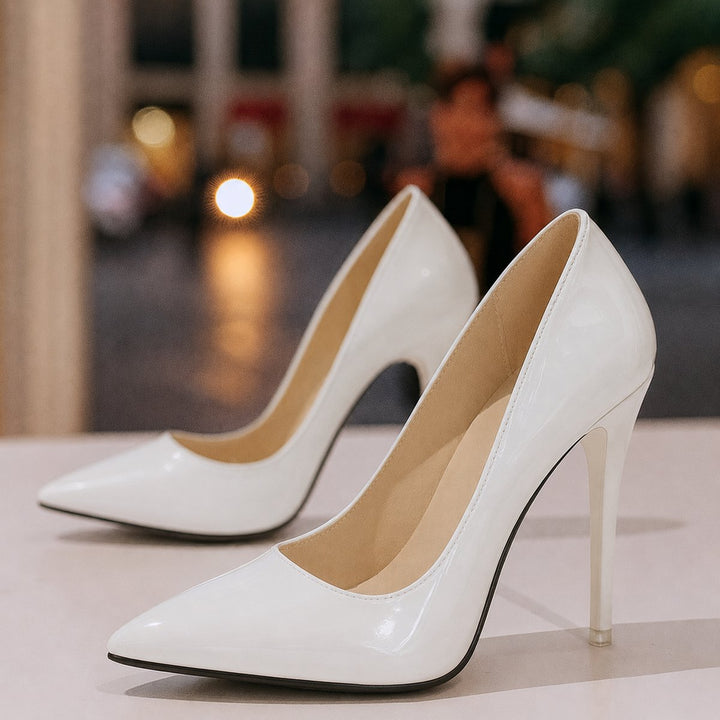 Womens Pointed-Toe Patent Stiletto Heeled Court Shoes - White
