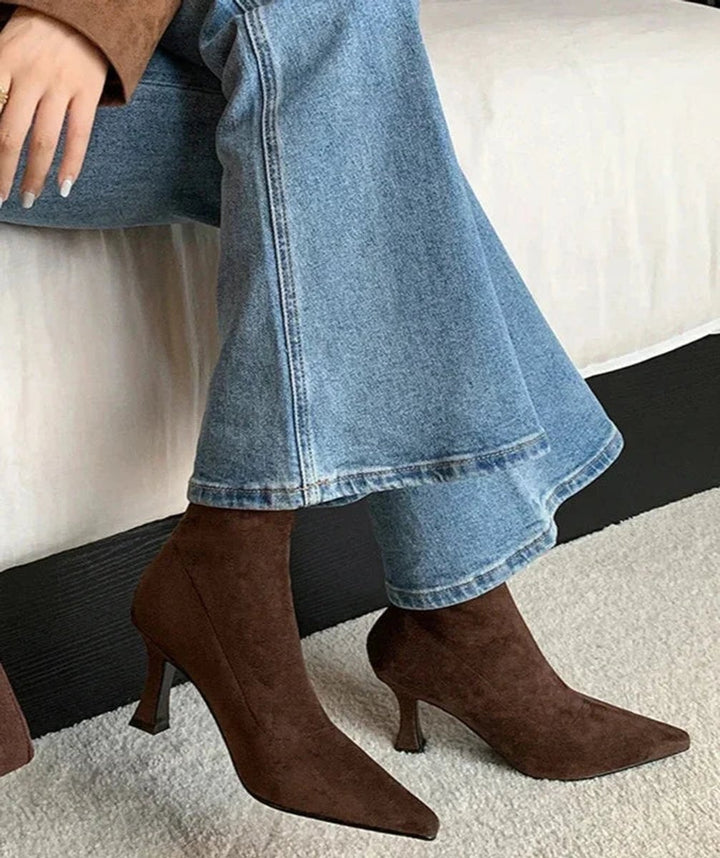 Women's Pointed Toe Sock Ankle Boots Kitten Heel Pull-On - Brown