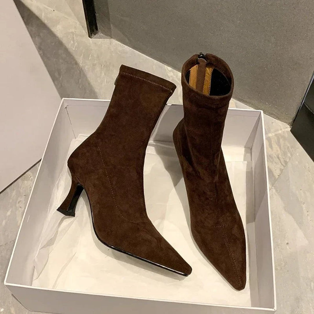 Women's Pointed Toe Sock Ankle Boots Kitten Heel Pull-On