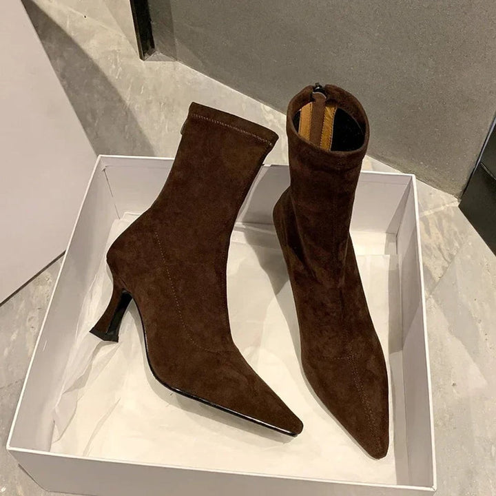 Women's Pointed Toe Sock Ankle Boots Kitten Heel Pull-On