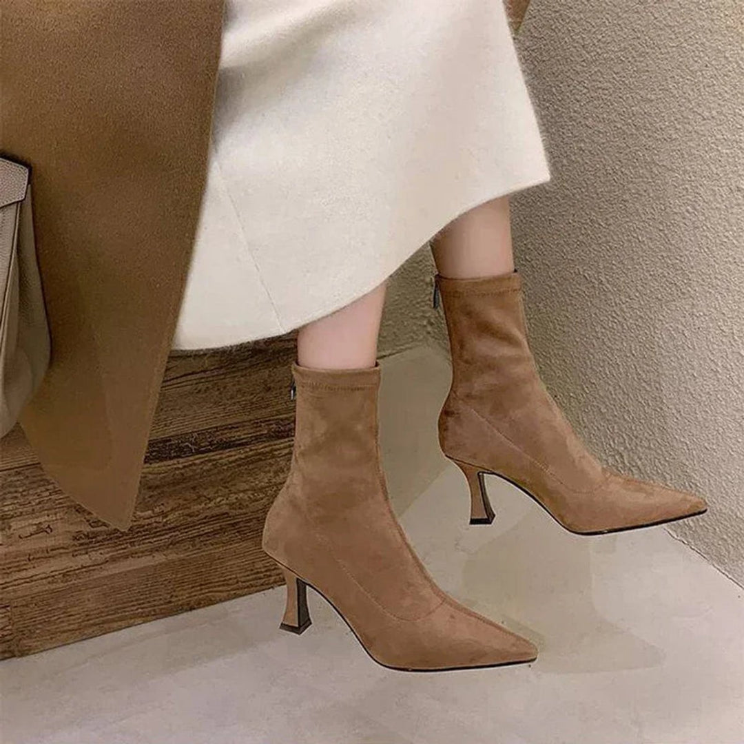 Women's Pointed Toe Sock Ankle Boots Kitten Heel Pull-On - Khaki