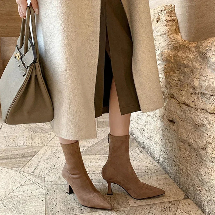 Women's Pointed Toe Sock Ankle Boots Kitten Heel Pull-On
