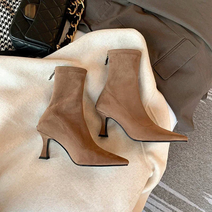 Women's Pointed Toe Sock Ankle Boots Kitten Heel Pull-On
